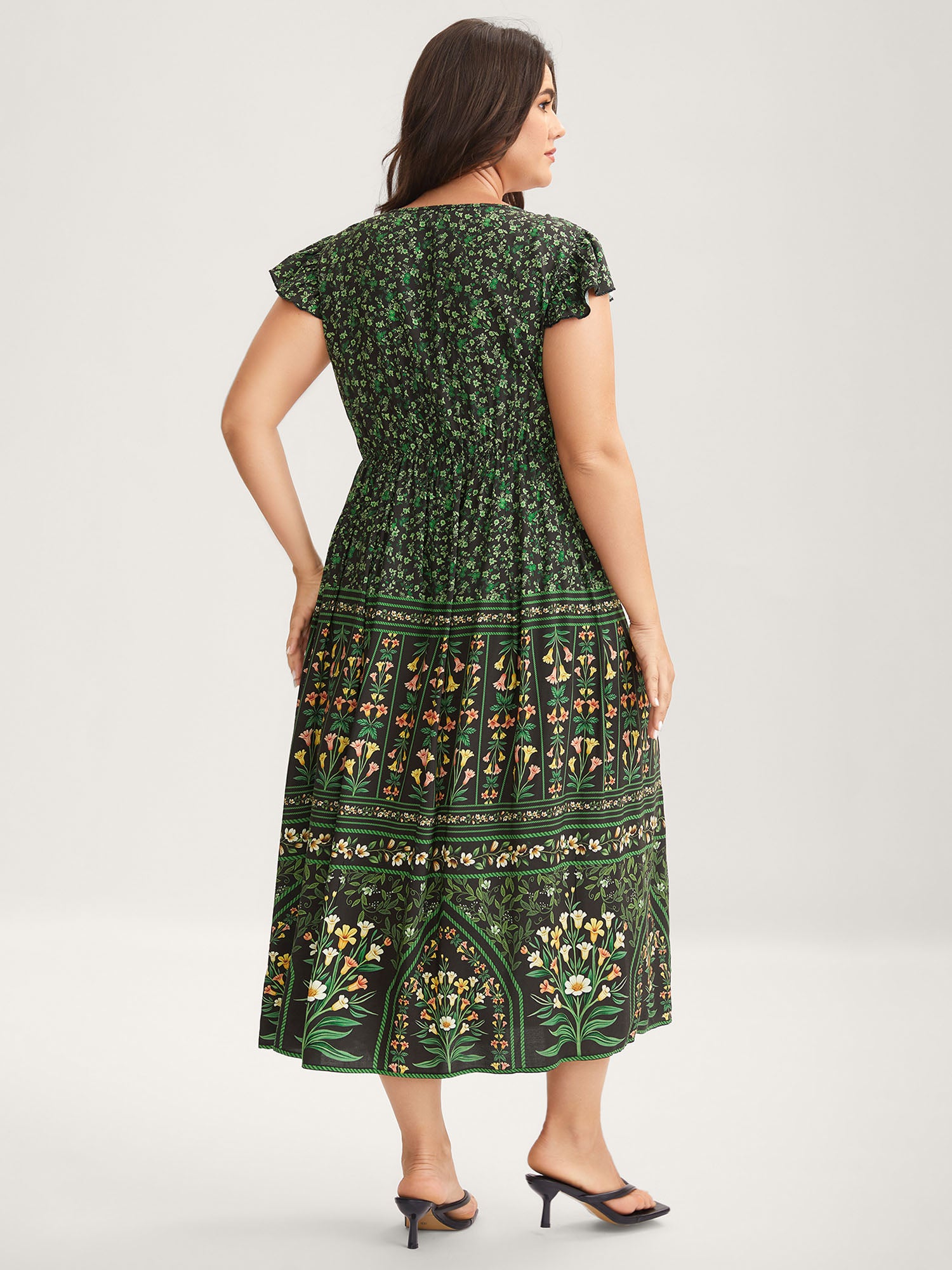 Rayon Garden Fresh Ruffled Sleeve Midi Dress