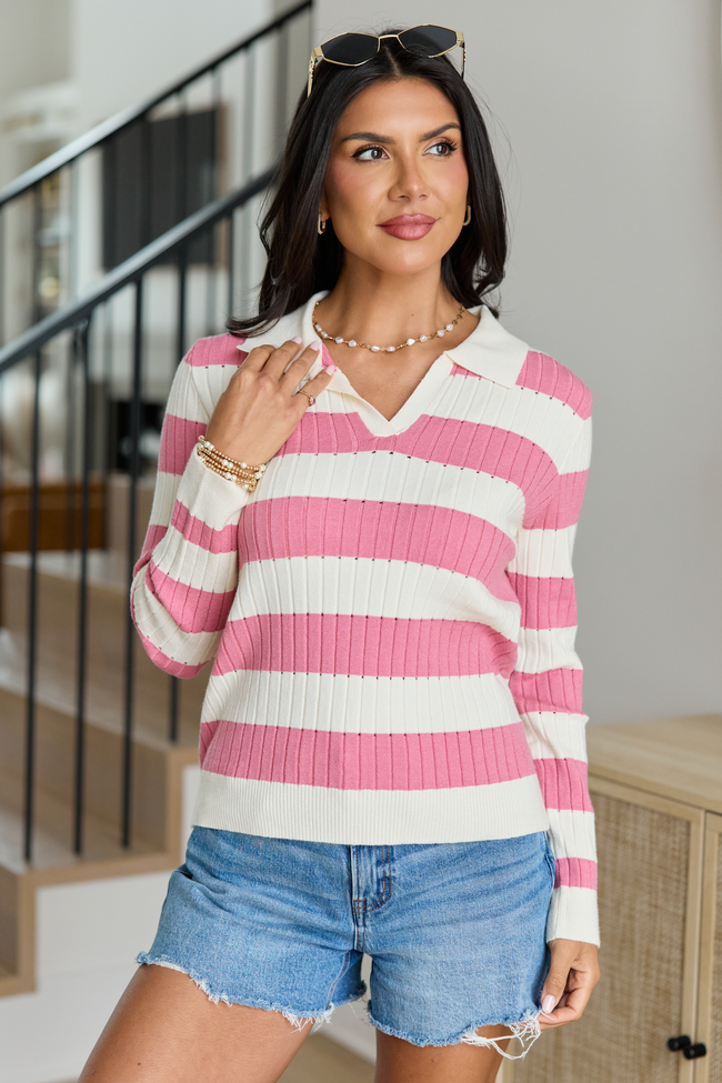 Hillary Pink Striped V-Neck Sweater
