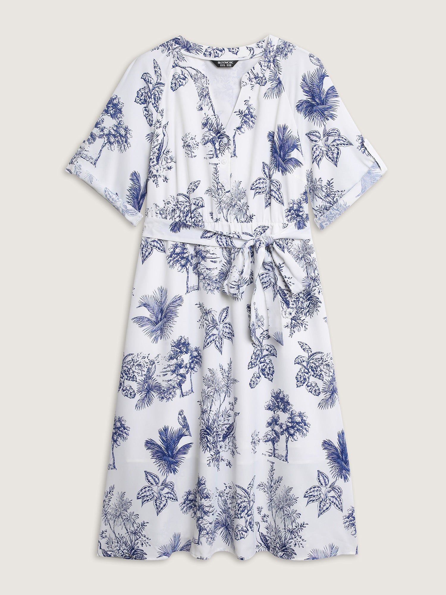 Forest Print Belted Folded Sleeve Midi Dress