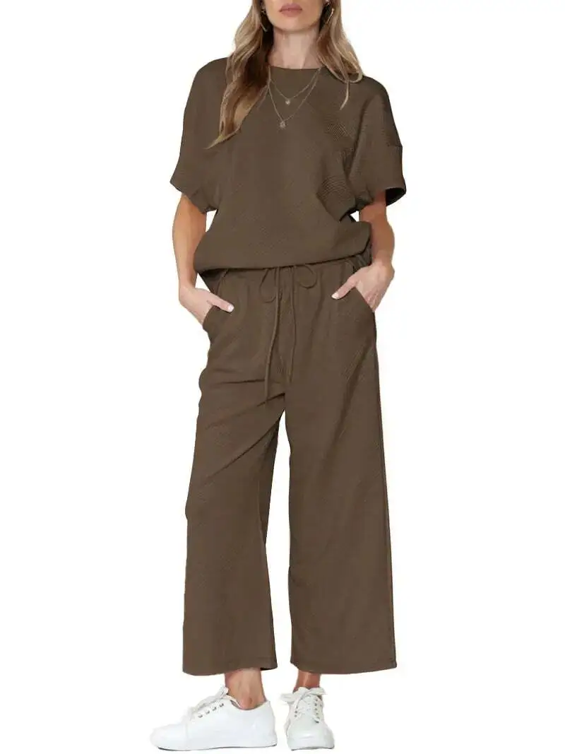 ⏰Women's Textured Loose Fit T Shirt and Drawstring Pants Casual Set