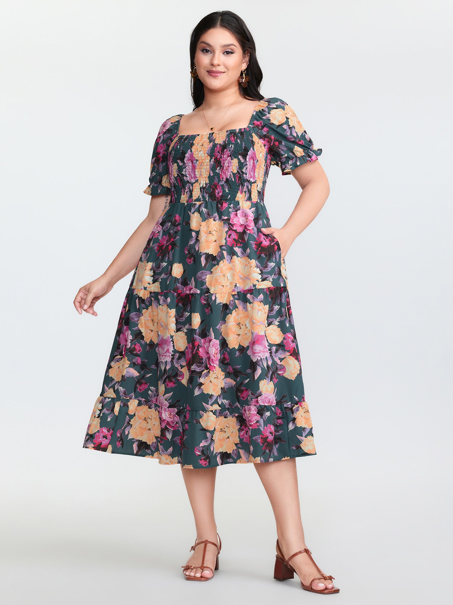 Floral Print Shirred Bodice Midi Dress