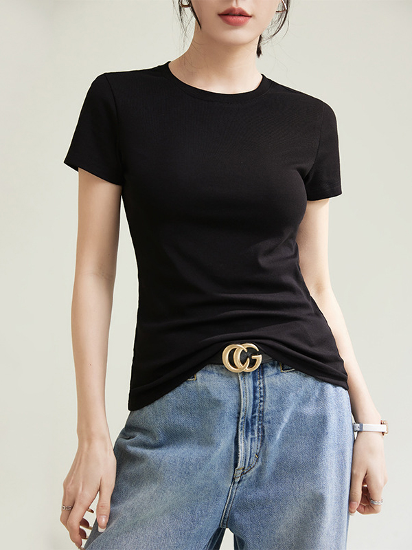 Solid Color Short Sleeves Skinny Round-Neck T-Shirts Tops