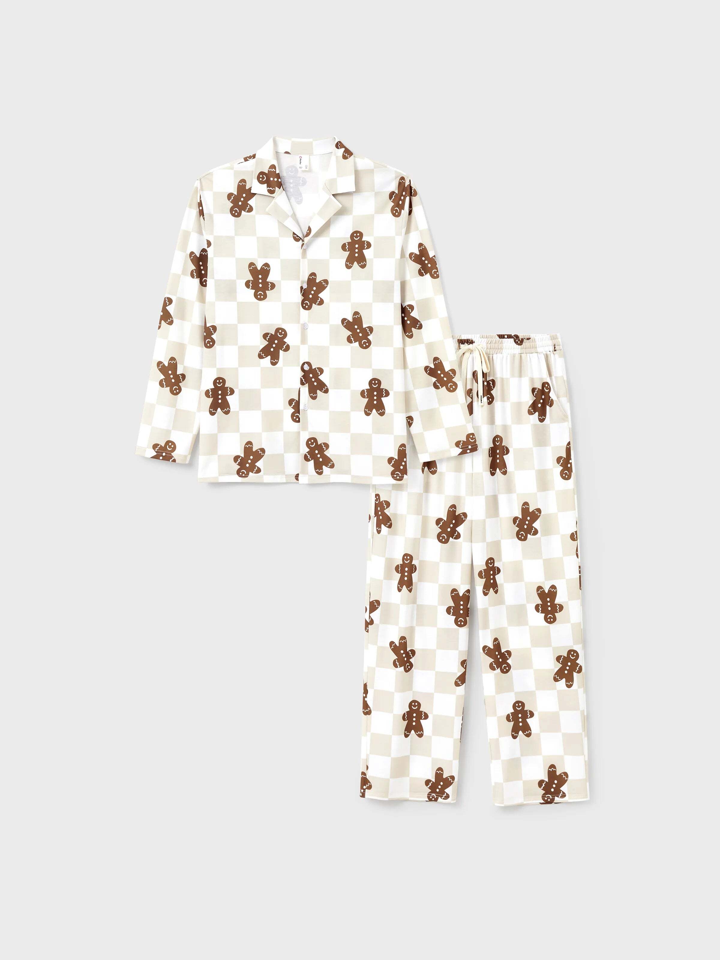 Christmas Matching Family Pajamas Set Block checkered Gingerbread Print PJS with Christmas Socks Khaki