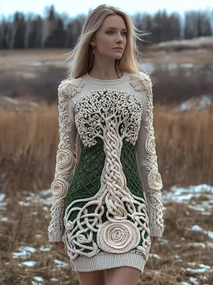 Viking Tree Of Life Vintage Cozy Knit Sweater Dress