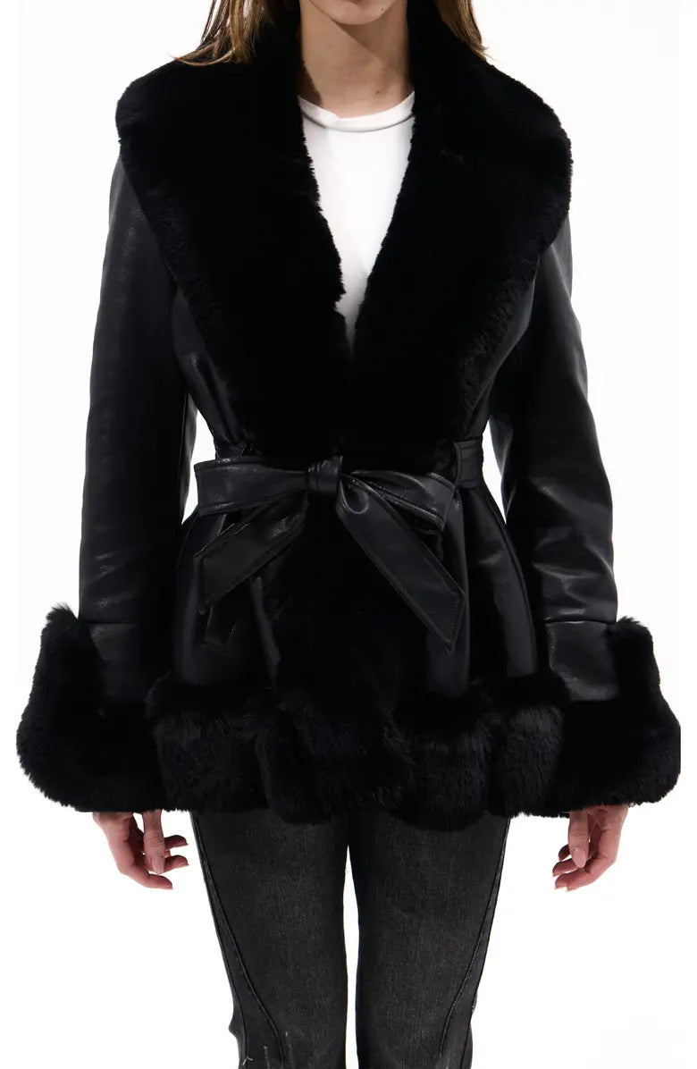 Clearance Sale*KENZY FUR TRIM PEPLUM MOTO IN BLACK BROWN