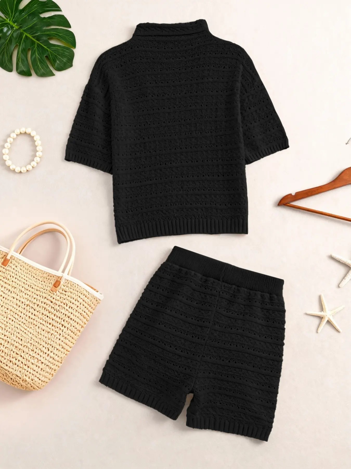 Ultimate Resort Getaway: Textured Openwork Knit Cardigan & Shorts Set