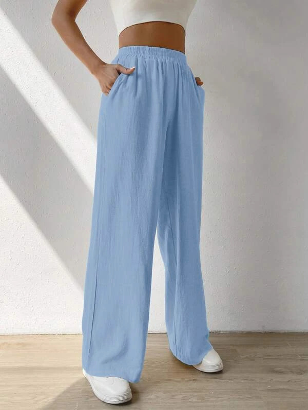 Elasticity Solid Color Split-Joint High Waisted Loose Trousers Pants