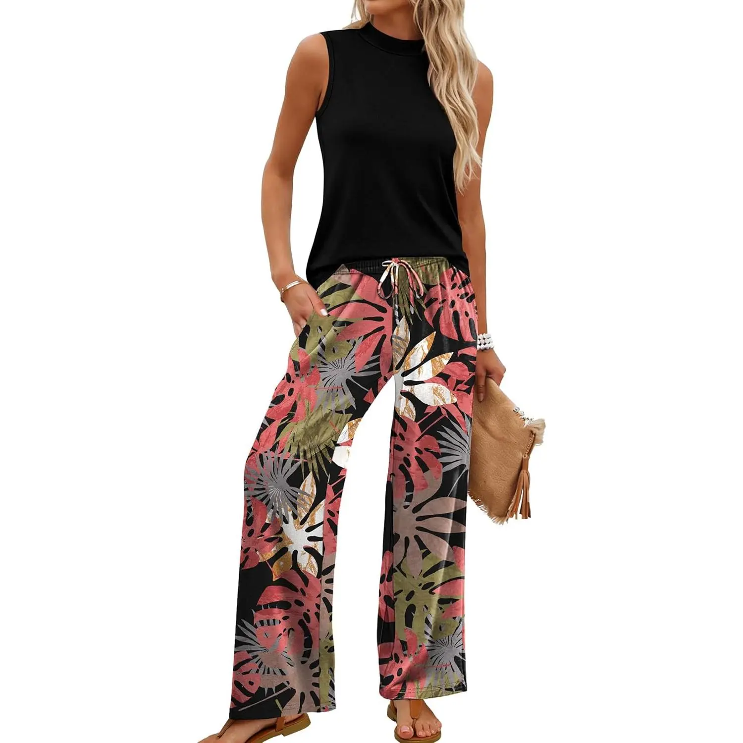 Two Piece Set for Women Summer Spring Outfits Cruise Travel Airport Beach Vacation Mock Neck Wide Leg Pants Set