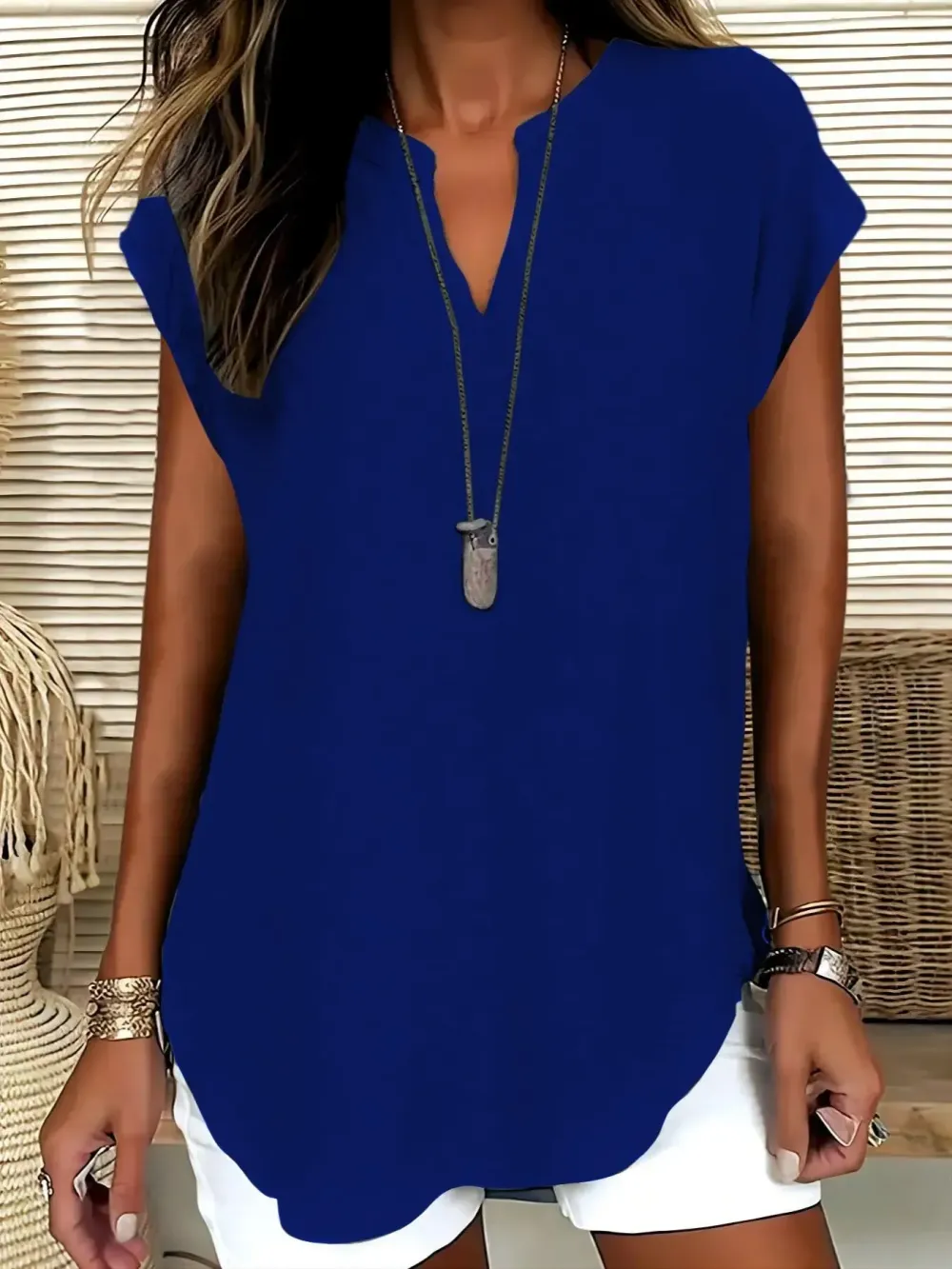 Women's Plain Notched Neck Blouse, Casual Elegant Basic Top for Summer