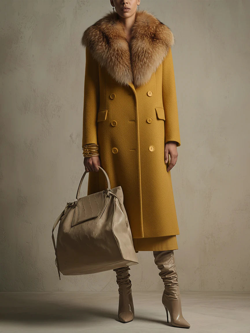 Yellow Wool Blend Coat With Detachable Fur Collar