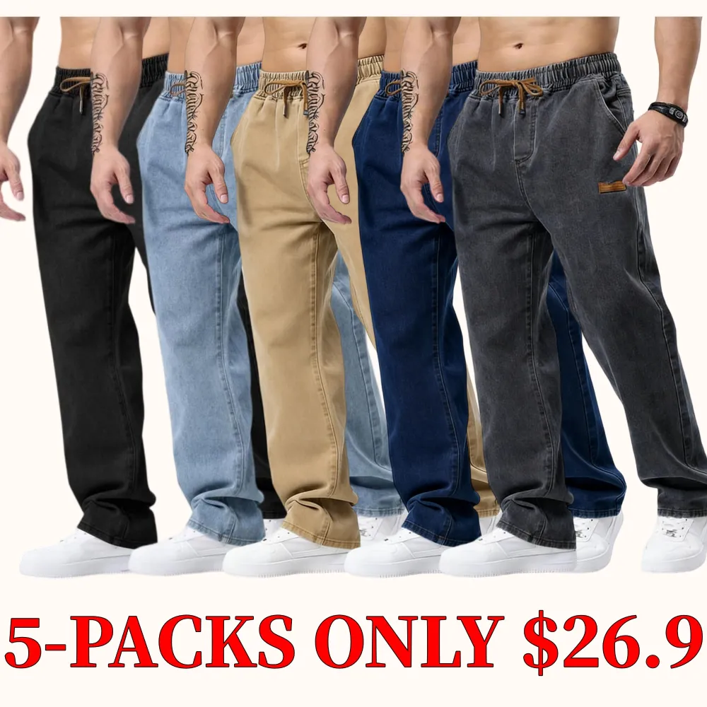 Men's slim-fit patchwork denim jeans with drawstring waist