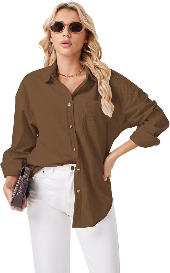 Women's Plain Pocket Button Front Corduroy Shirt