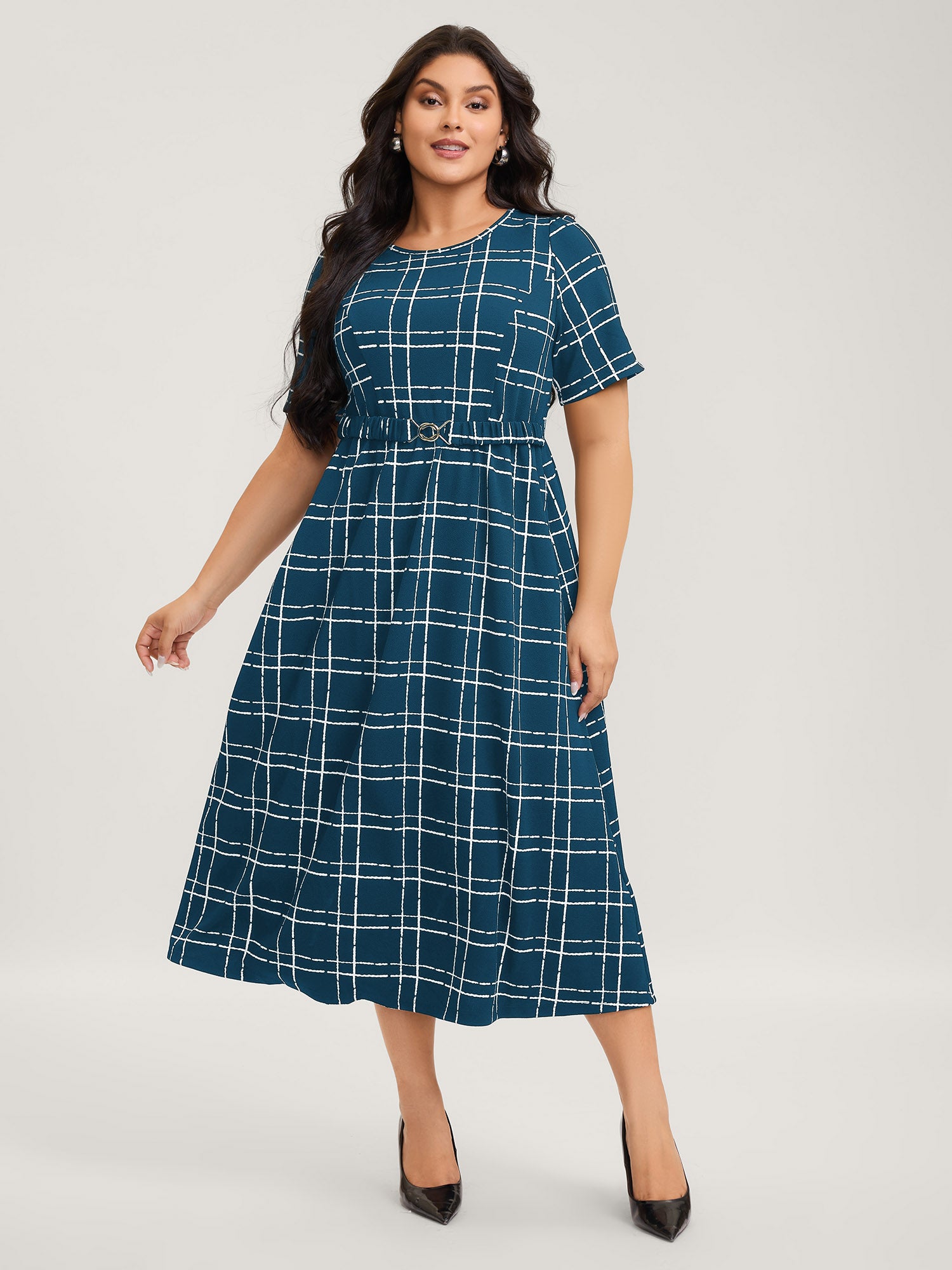 Grid Print Knit Belted Midi Dress