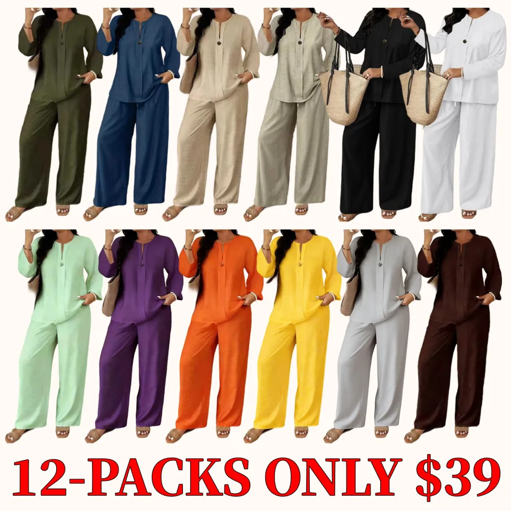 Plus-size women's casual, breathable long-sleeved shirt and loose-fitting trousers two-piece set