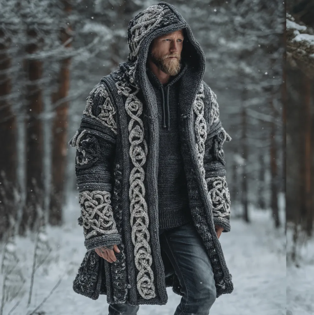 Men's Viking Style Celtic Knot Pocket Midi Cardigan Sweater