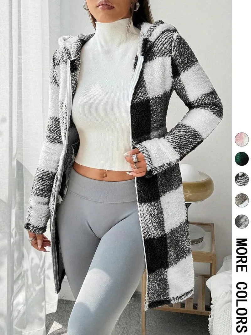 Women's Plaid Fleece Long Sleeve Hooded Coat