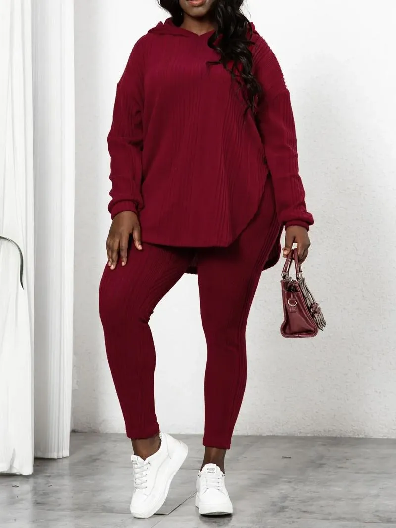 [Plus Size] Plain Split Curved Hem Hoodie & Leggings Lounge Two-piece Set