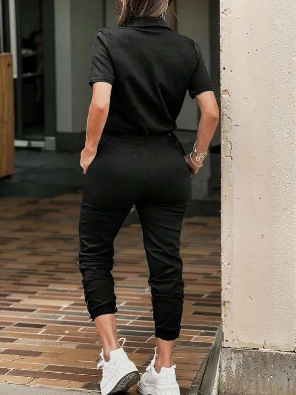 Women's Solid Button Front Pocket Jumpsuit, Casual Short Sleeve Jumpsuit for Daily Wear