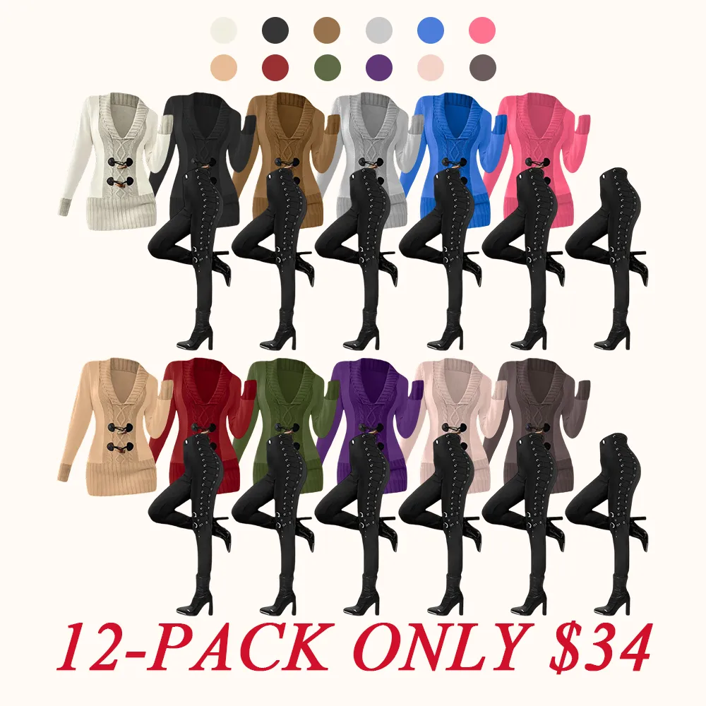 Women's suit: faux horn button sweater and loop-buttoned leggings