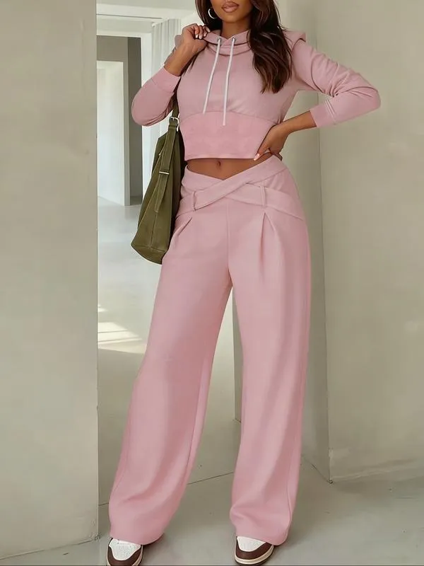 Women's Casual Hooded Sweatshirt Set, Long Sleeve Plain Pullover, Fitted Pants