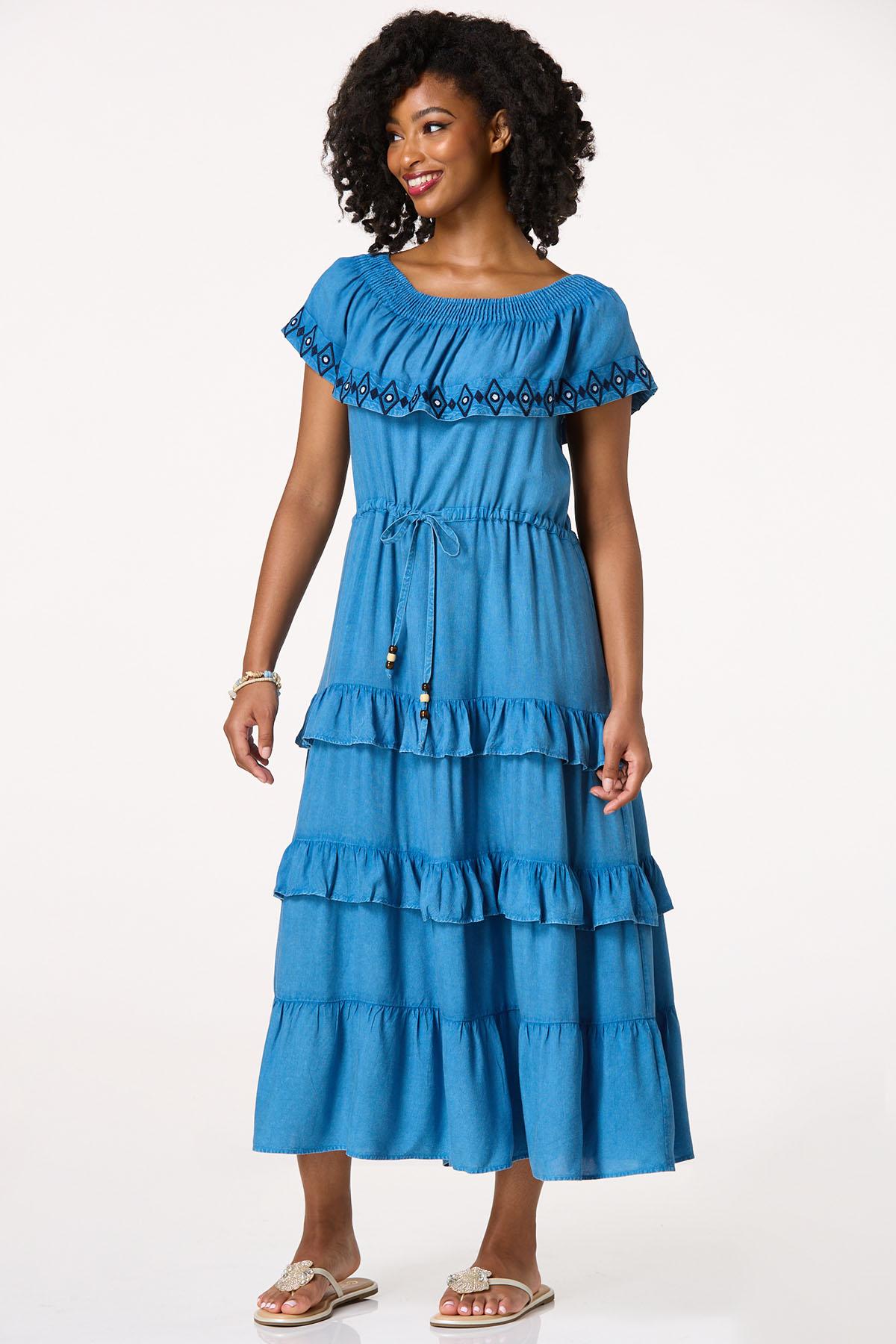 Embroidered Off Shoulder Chambray Dress