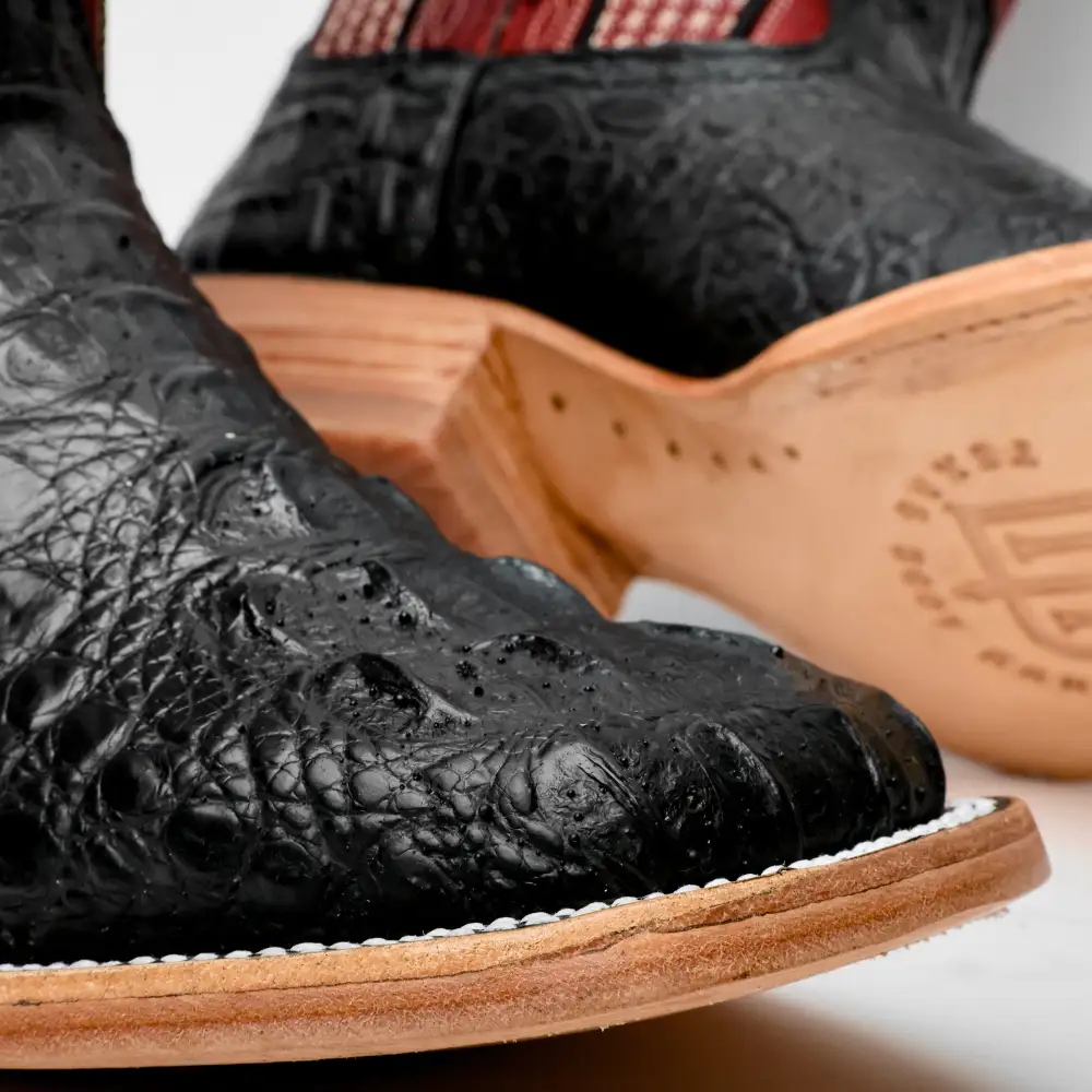 Black Caiman Neck Leather Boots - Square Toe