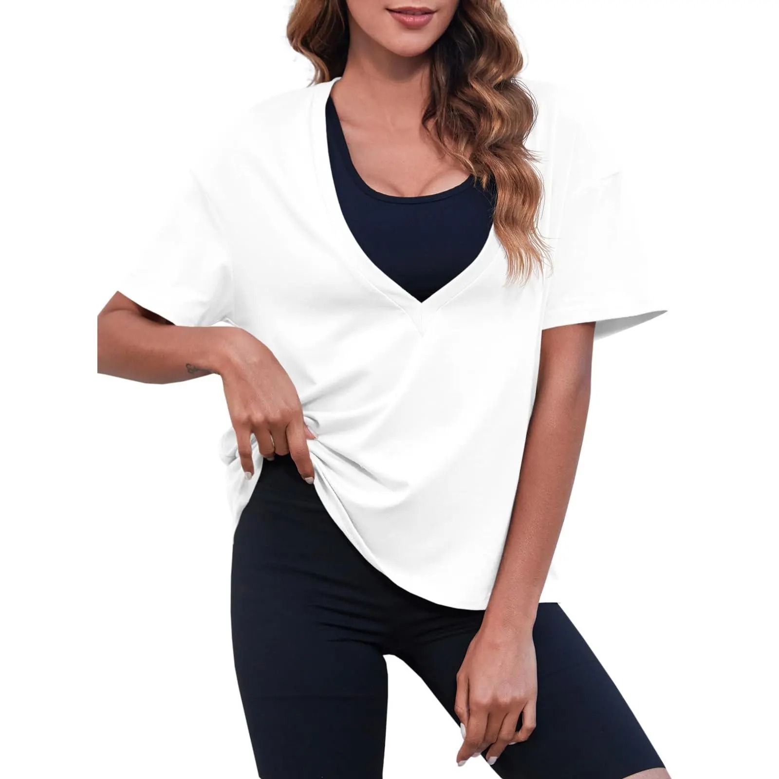 ✨ Women’s Deep V-Neck Short Sleeve Casual Tee