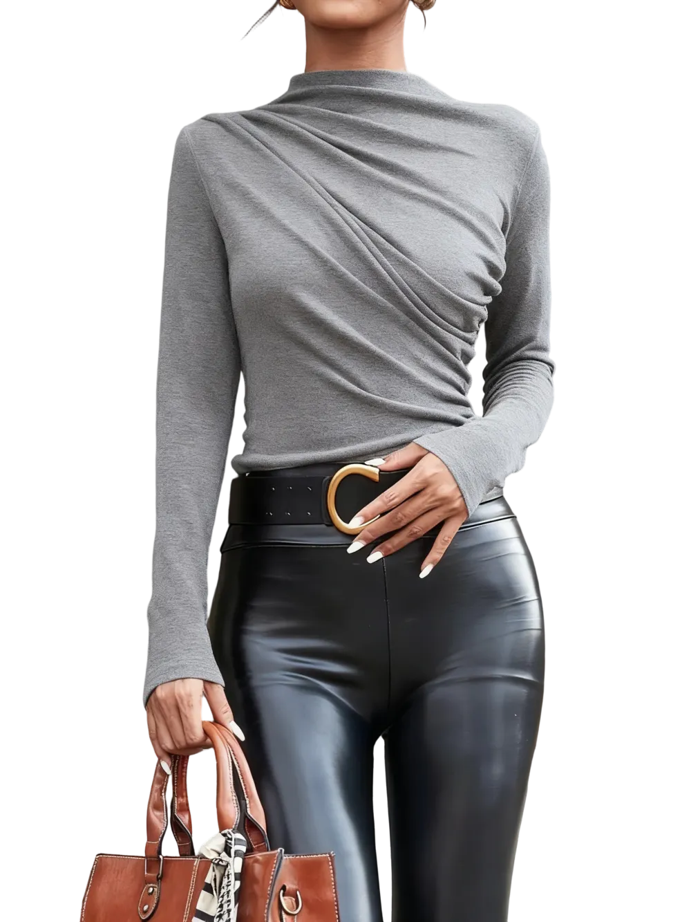 Women's solid color pleated turtleneck T-shirt