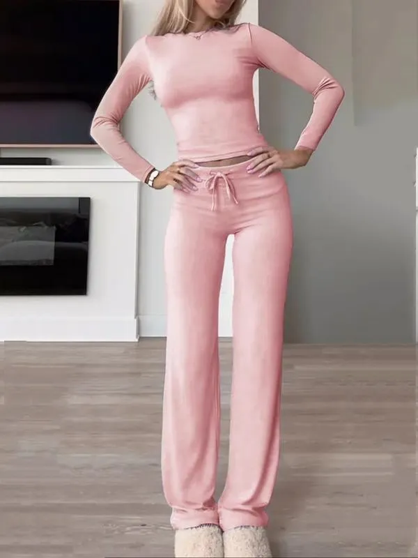 Two-Piece Set Women's Solid Color Long Sleeve Crop Tee & High-Waisted Drawstring Pants Set