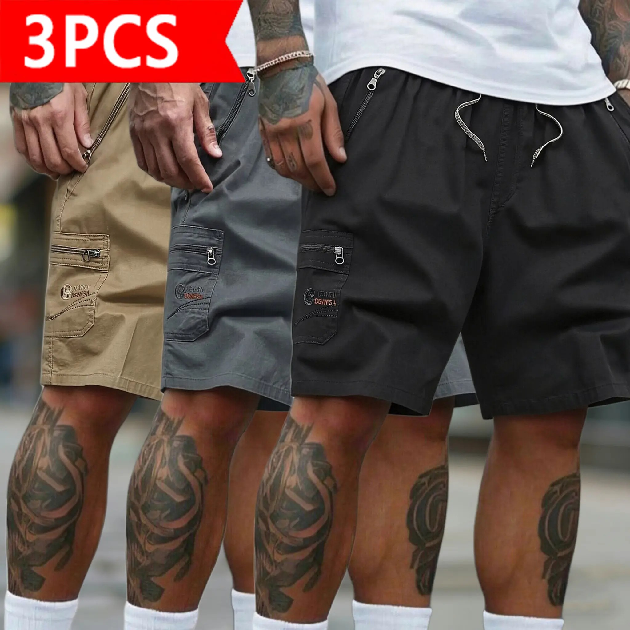 Cargo Shorts | Casual Drawstring Elastic Waist Shorts with Zipper Pockets | Quick Dry Lightweight Streetwear for Summer