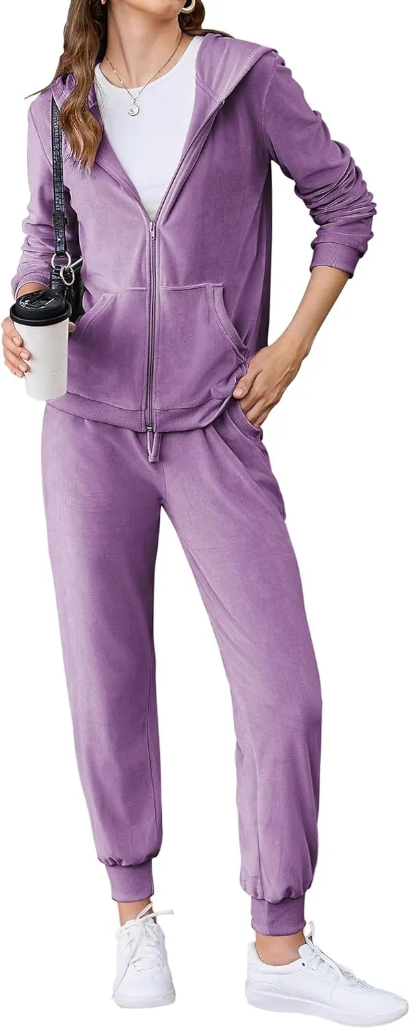 Women's Casual Velour Tracksuit Set Full Zipper Hoodie