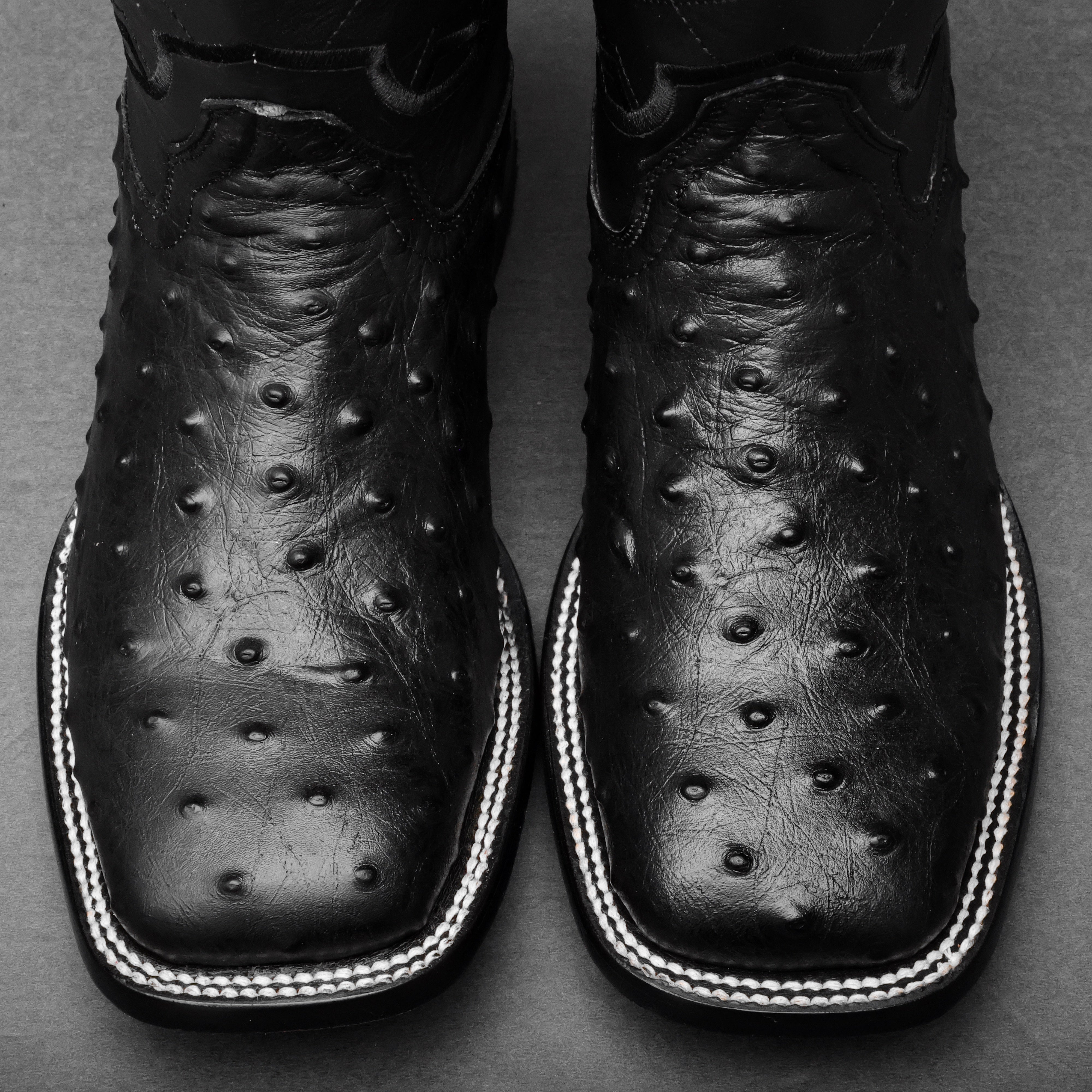 Black Ostrich Leather Boots - Square Toe