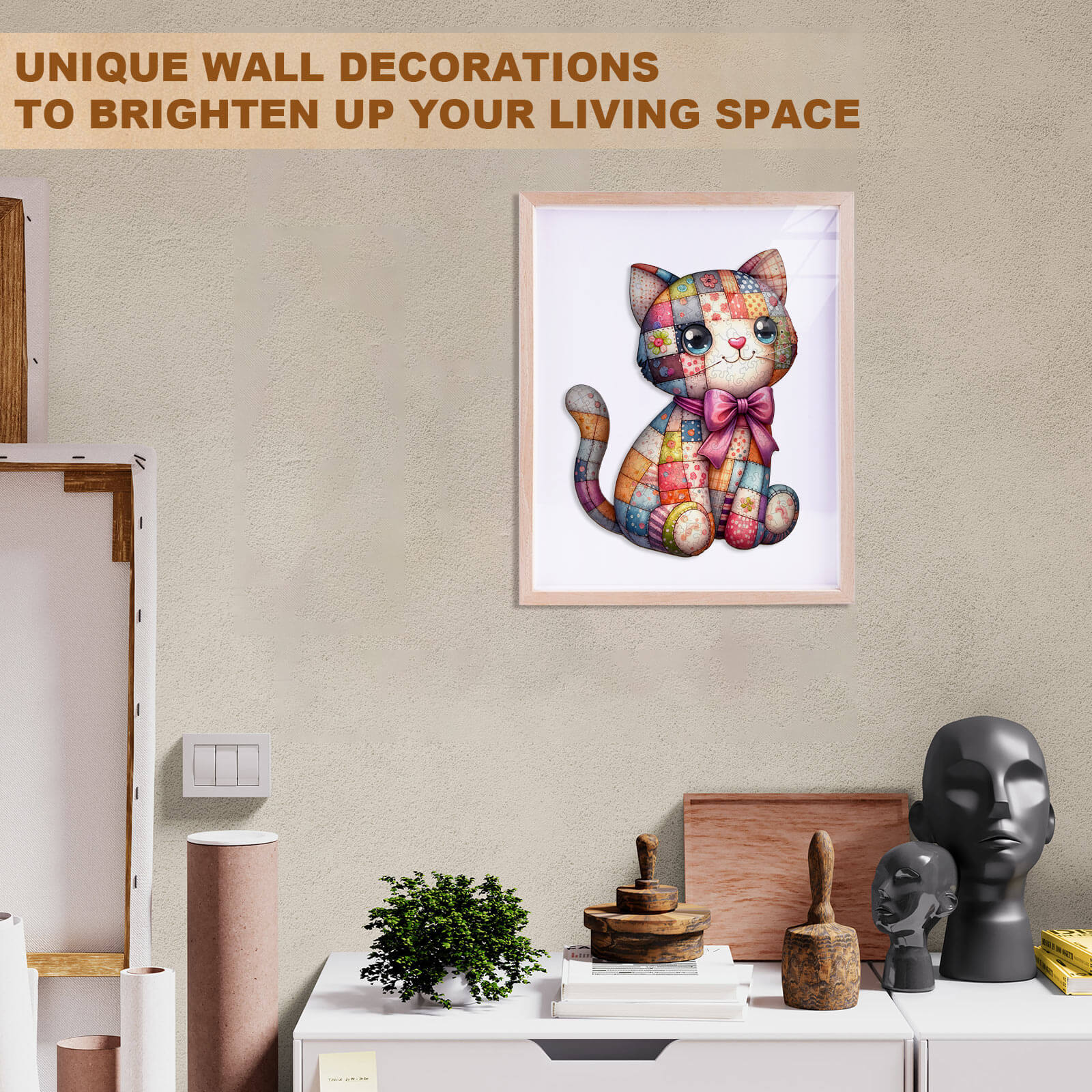 Cute Patchwork Cat Wooden Jigsaw Puzzle