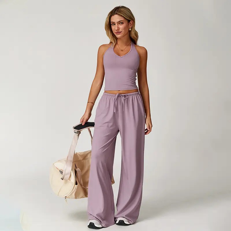 Mother's Day Gifts, Matching Sets Women 2 Piece Sets Summer Casual V Neck Top Wide Leg Pants Womens Holiday Travel Wear Fabric Breathable Summer Casual Clothing Sportswear Gym Sets Casual Loose Long Pant