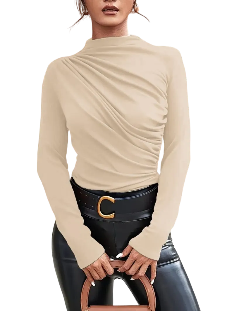 Women's solid color pleated turtleneck T-shirt