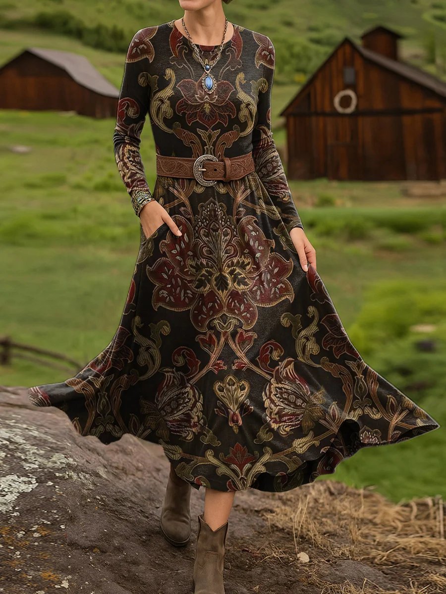 Women's Vintage Paisley Art Print Long Sleeve Dress