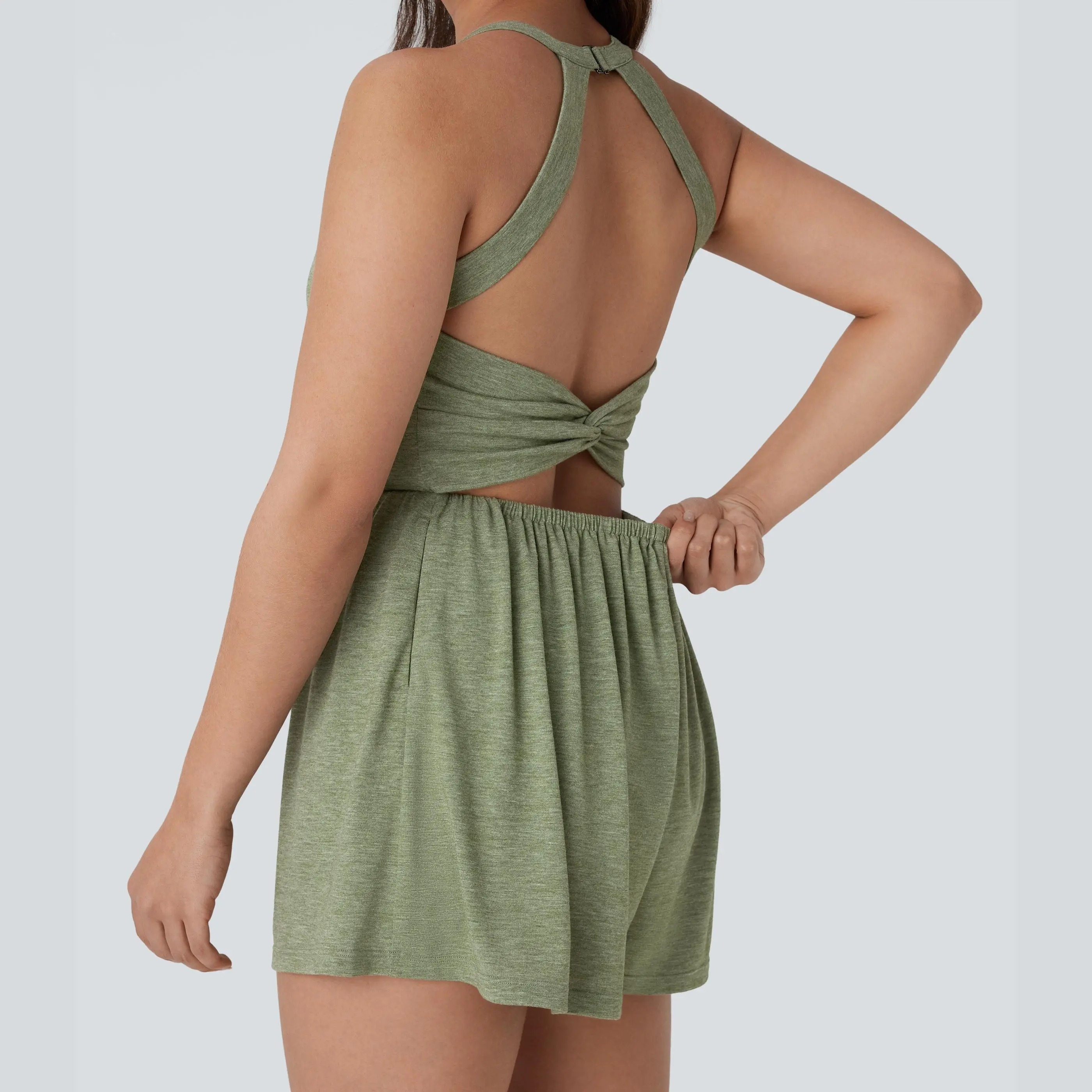 Women’s Backless Twisted 2-in-1 Resort Romper with Built-In Shorts & Pockets
