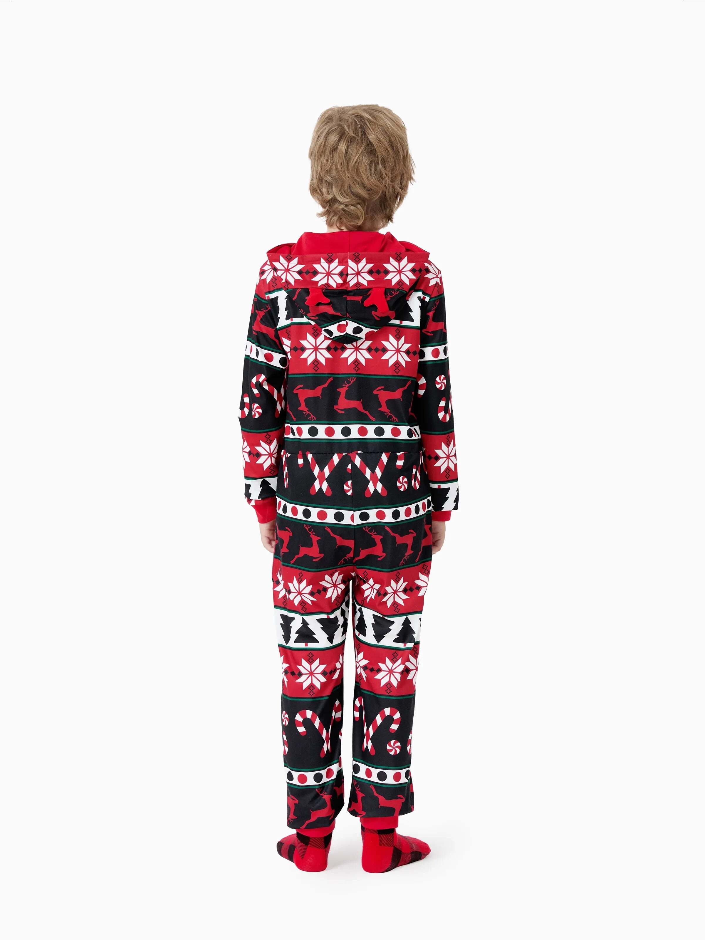 Christmas Pajamas 3D Reindeer Pattern Zipper Hooded Onesies Matching Family Outfits red/black