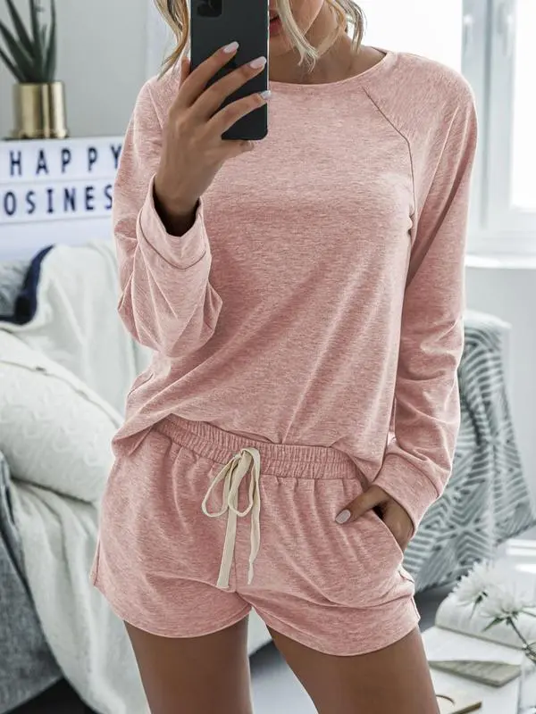 Long Sleeve Round Neck Top & Pocket Shorts Pajamas Set