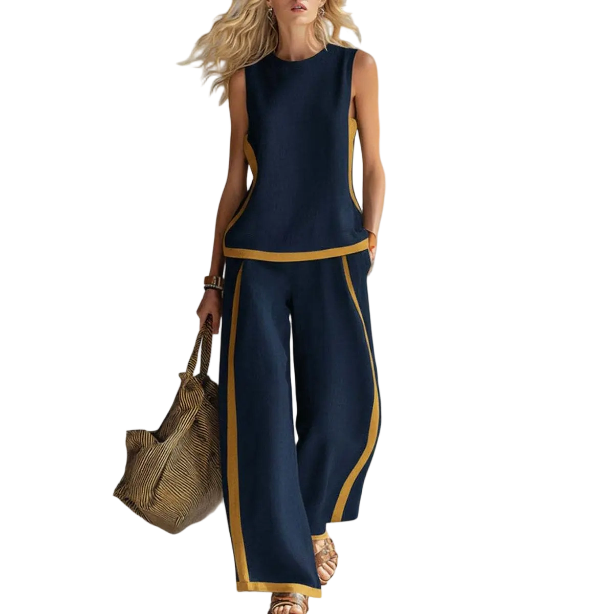 Women's Sleeveless Color Block Top & Wide Leg Pants Set – Casual Summer 2-Piece Outfit