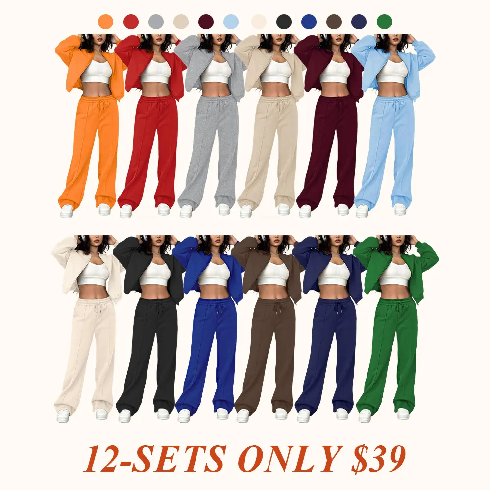 Two-piece Set Women's Solid Zip Up Drop Shoulder Jacket & Pocket Elastic Waist Pants