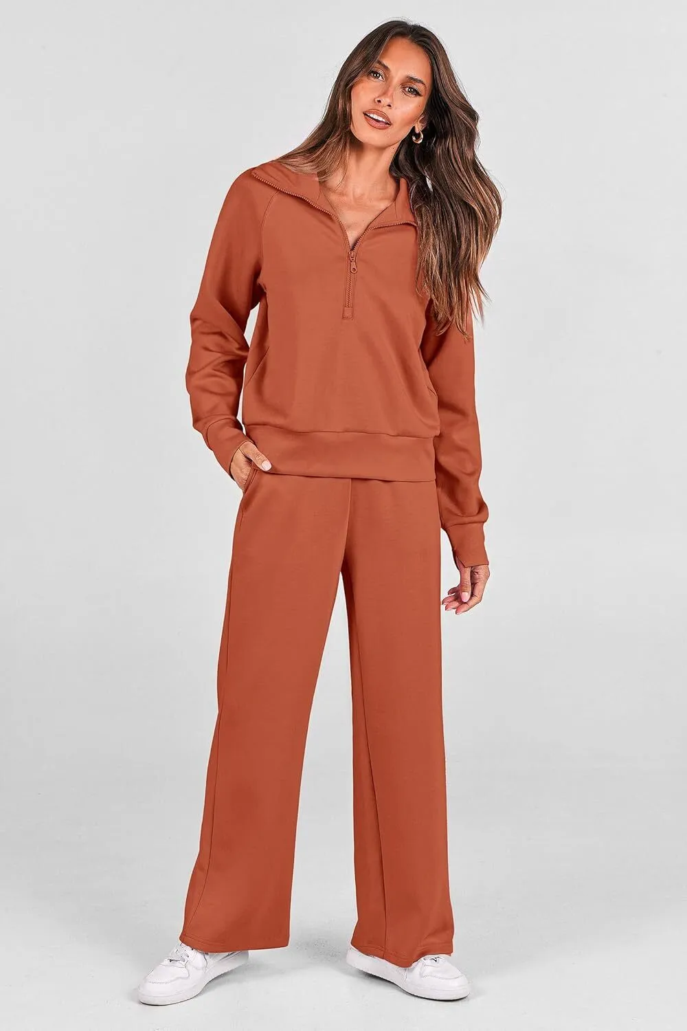 🔥Final Day Clearance!🛒Women's 2 Piece Outfits Casual Lapel Half Zip Sweatshirts And Wide Leg Pants Tracksuit Sets
