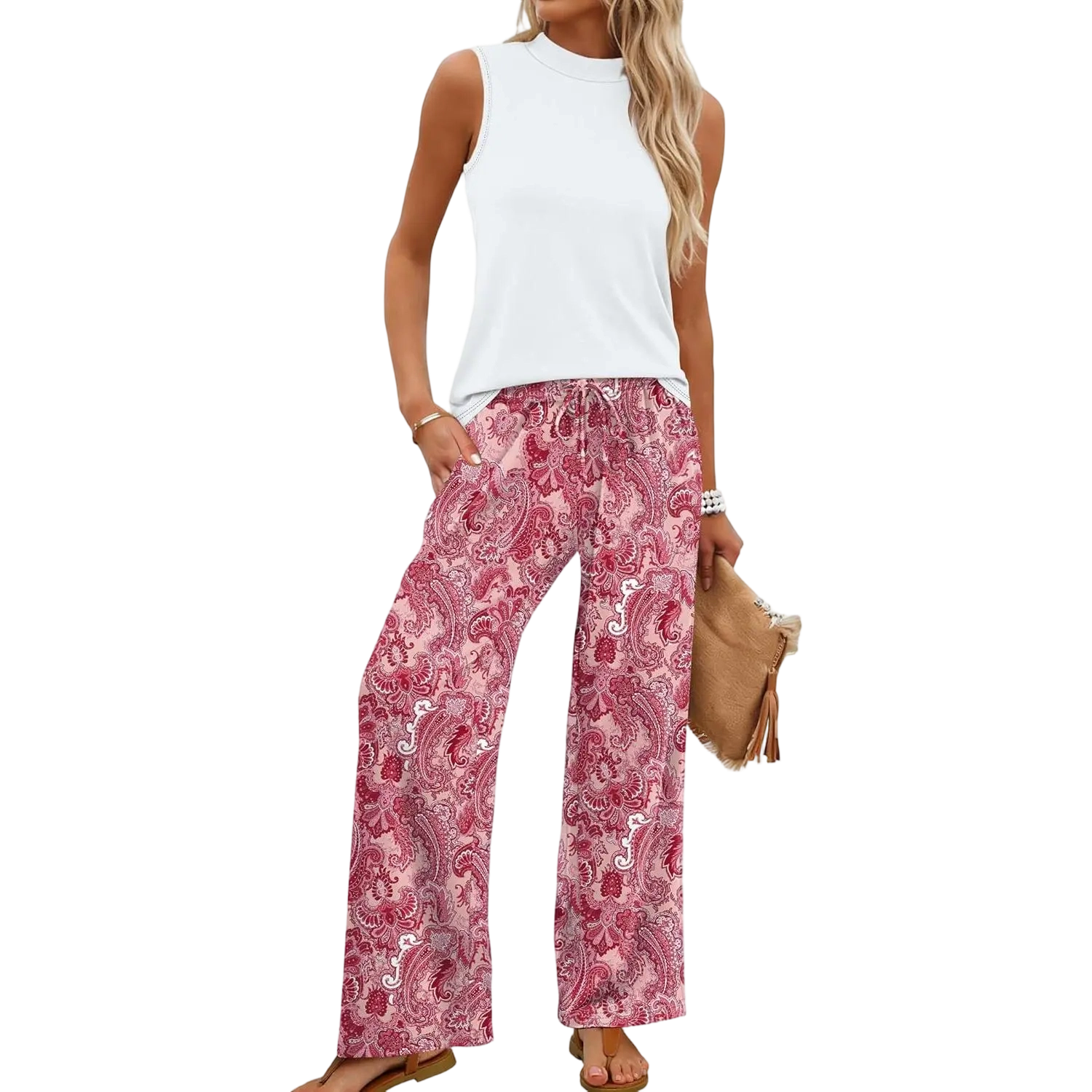 Two Piece Set for Women Summer Spring Outfits Cruise Travel Airport Beach Vacation Mock Neck Wide Leg Pants Set