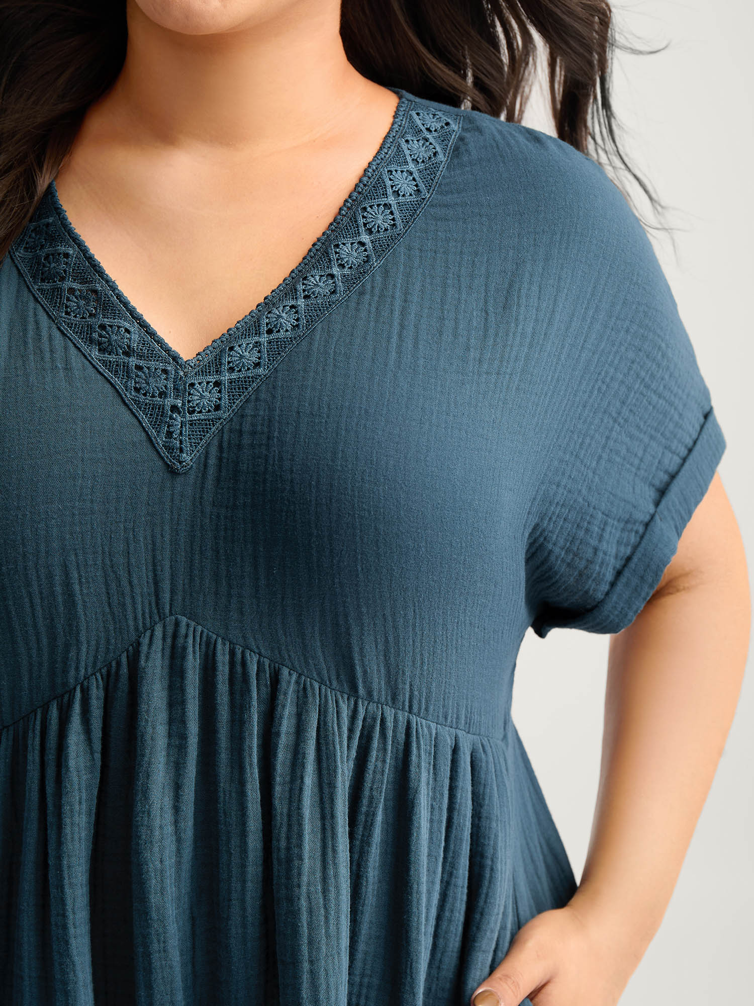 Pure Cotton Lace V-Neck Solid Mini Dress