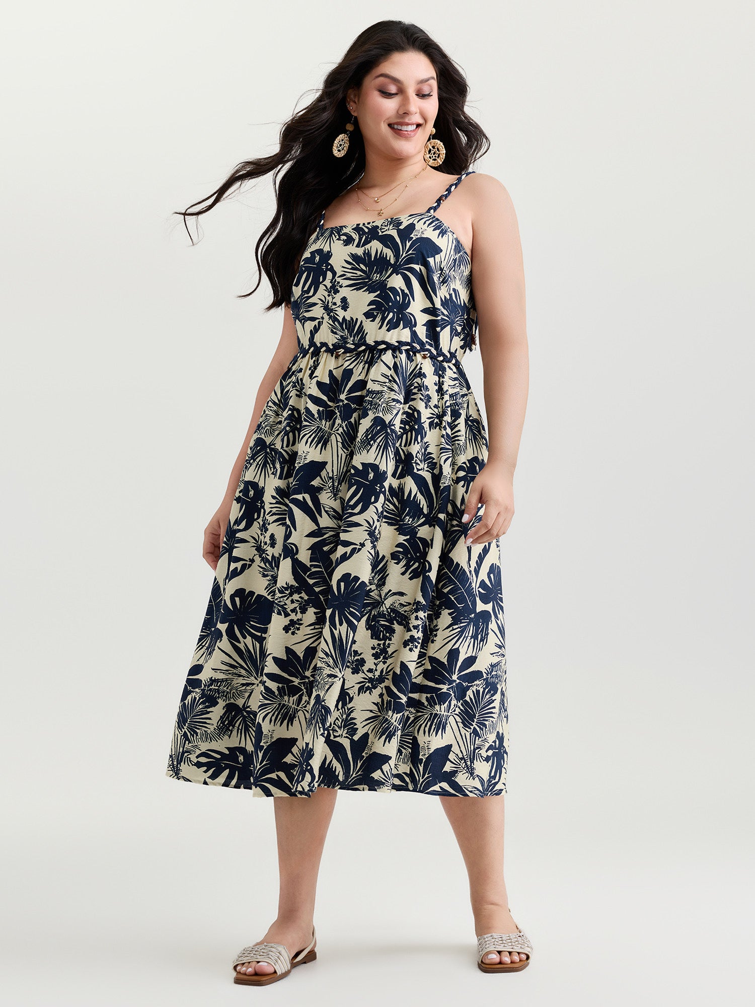 Tropical Print Stretchy Waist Midi Dress