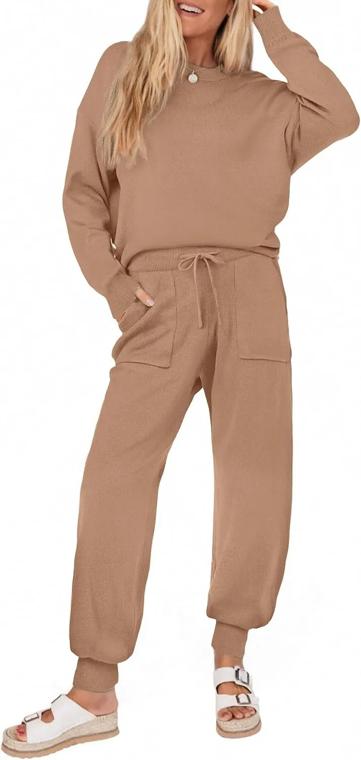 Women's Long Sleeve Knit Loungewear Set Jogger Pants Outfit
