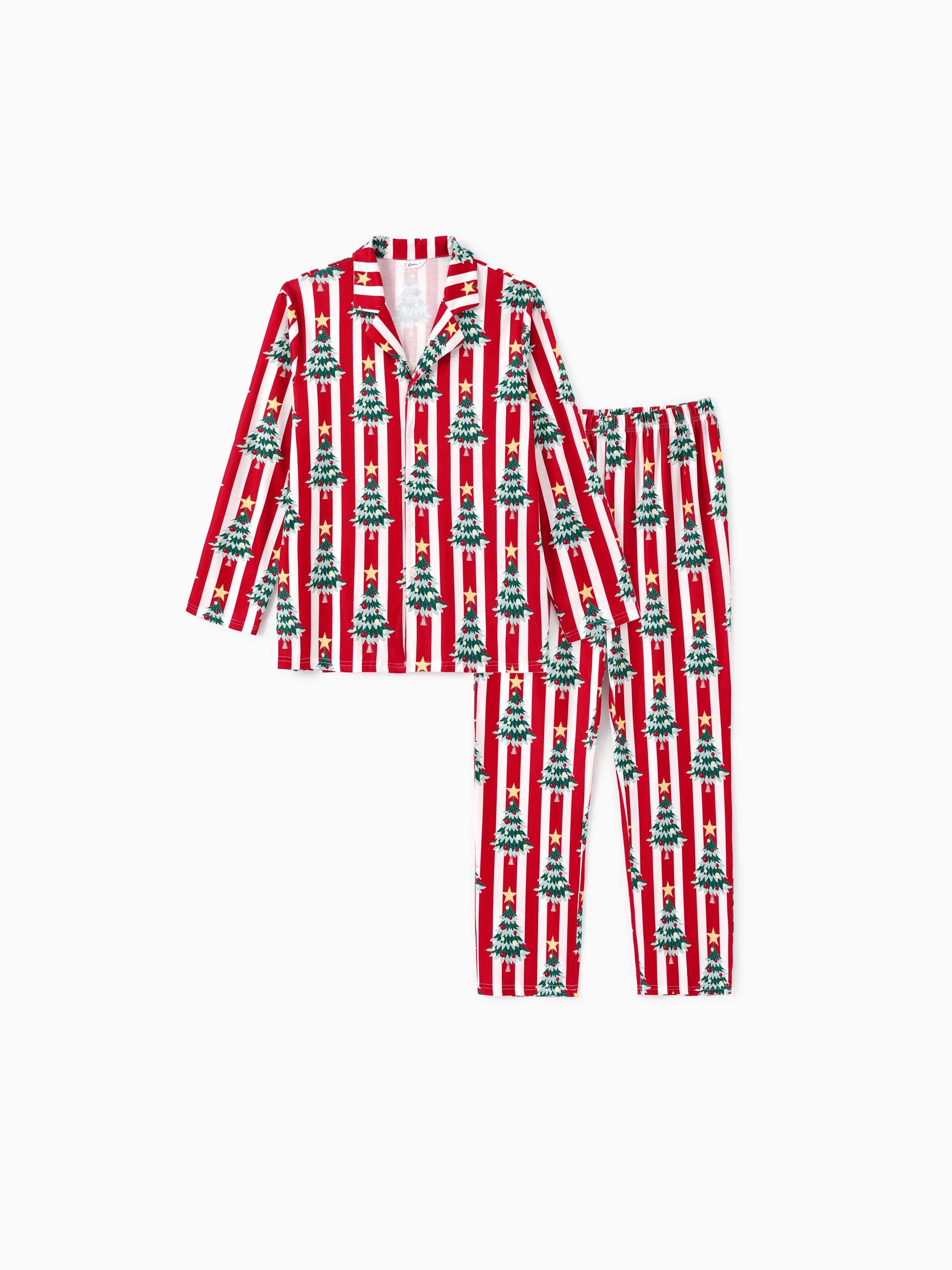Christmas Family Matching Trees Print Stripes Long-sleeve Pajamas Sets with Christmas Socks Red