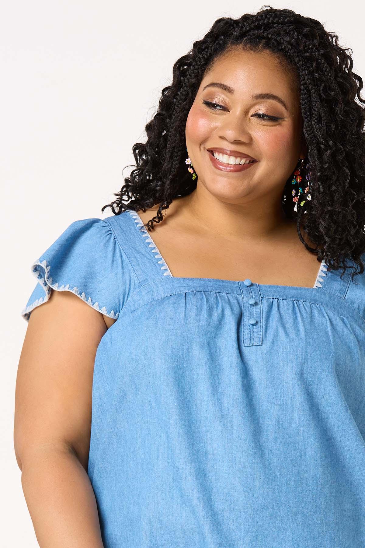 Plus Size Chambray Whipstitch Flutter Sleeve Top