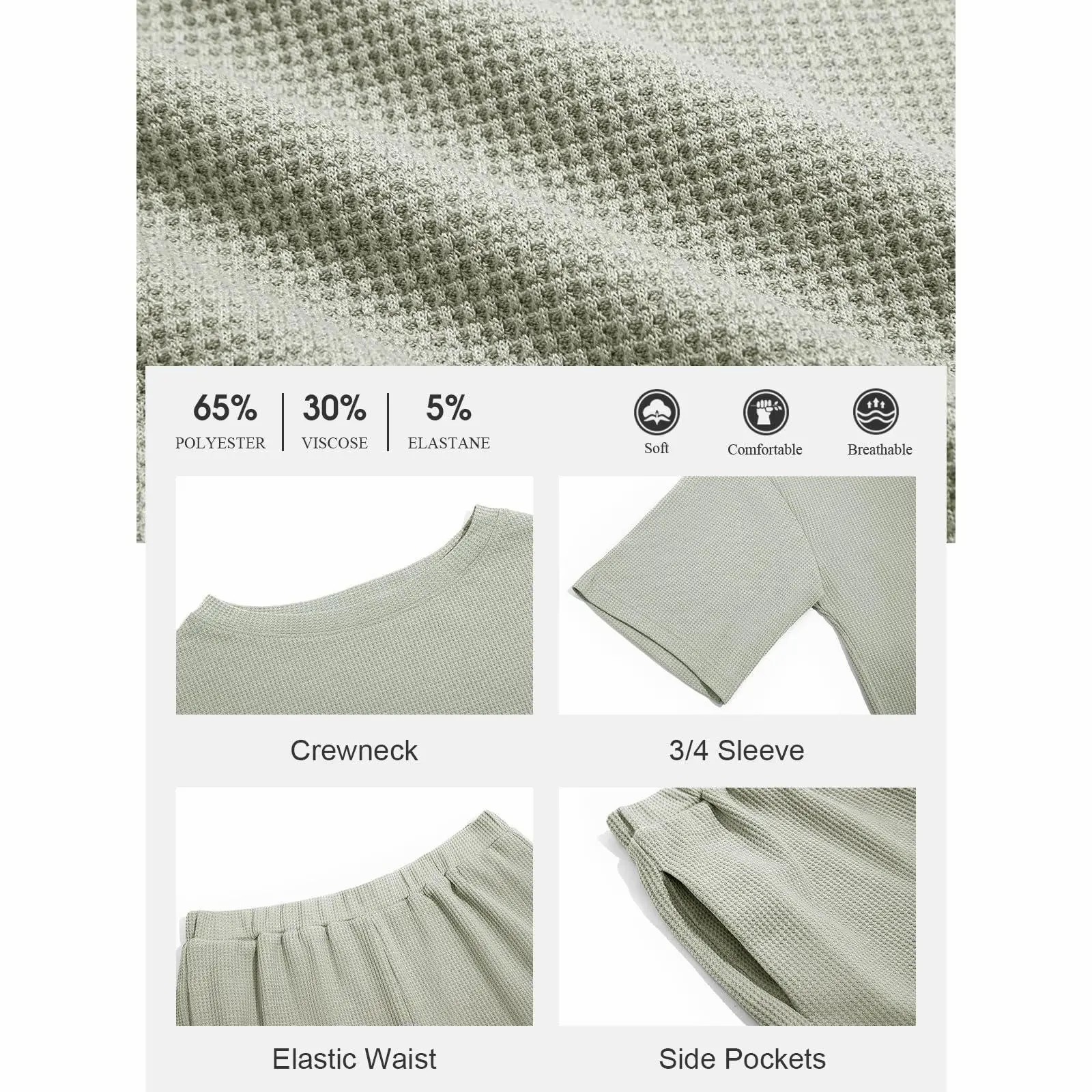 Women's 2-Piece Lounge Set – 3/4 Sleeve Top & Elastic Waist Shorts with Pockets