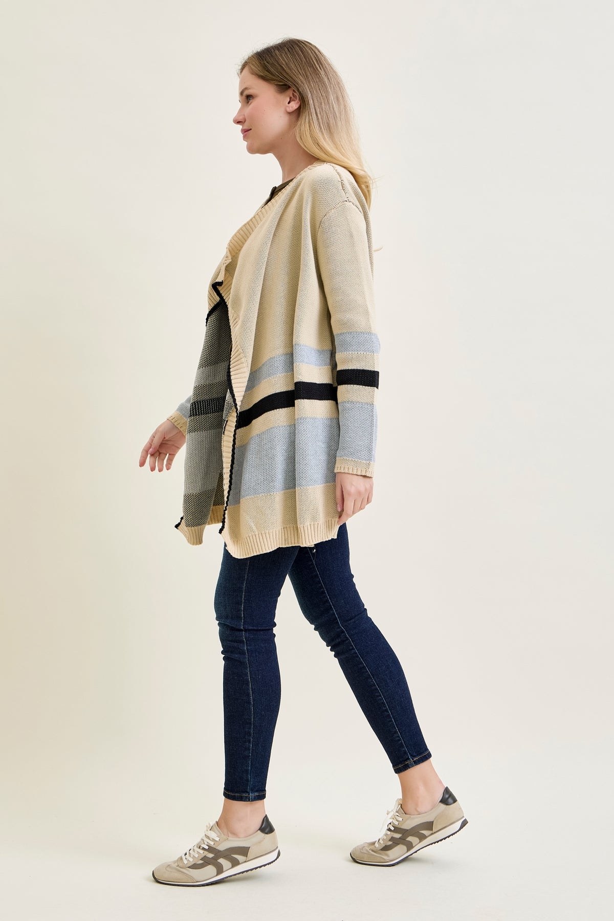 Drape Stripe Cardigan Beige Sweater